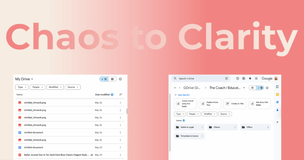 Google Drive organization before and after showing transformation from chaos to clarity