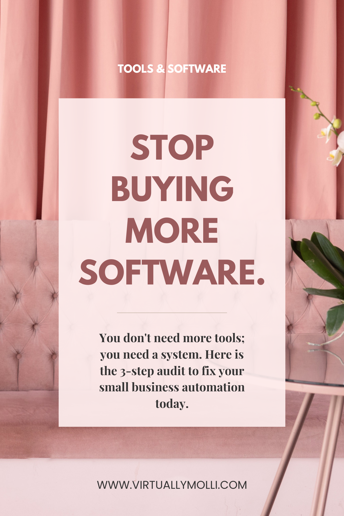 Vertical Pinterest pin with a pink background. Bold text reads: "Stop Buying More Software. You don't need more tools; you need a system. Here is the 3-step audit to fix your small business automation today." A guide for solopreneurs on organizing their tech stack and reducing software costs.